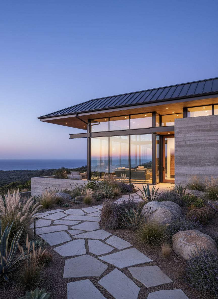 Sleek ICF concrete home overlooking the Pacific Ocean with drought-tolerant landscaping in Malibu