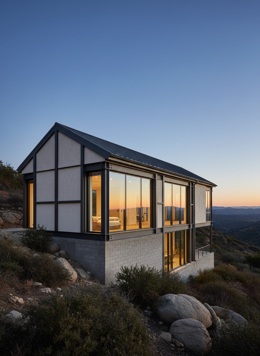 Modern fire-resistant concrete and steel home on a Malibu canyon ridge at dusk
