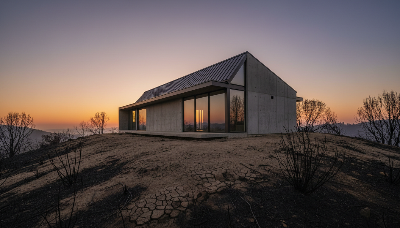 Modern home standing intact on a Malibu hillside surrounded by cleared brush