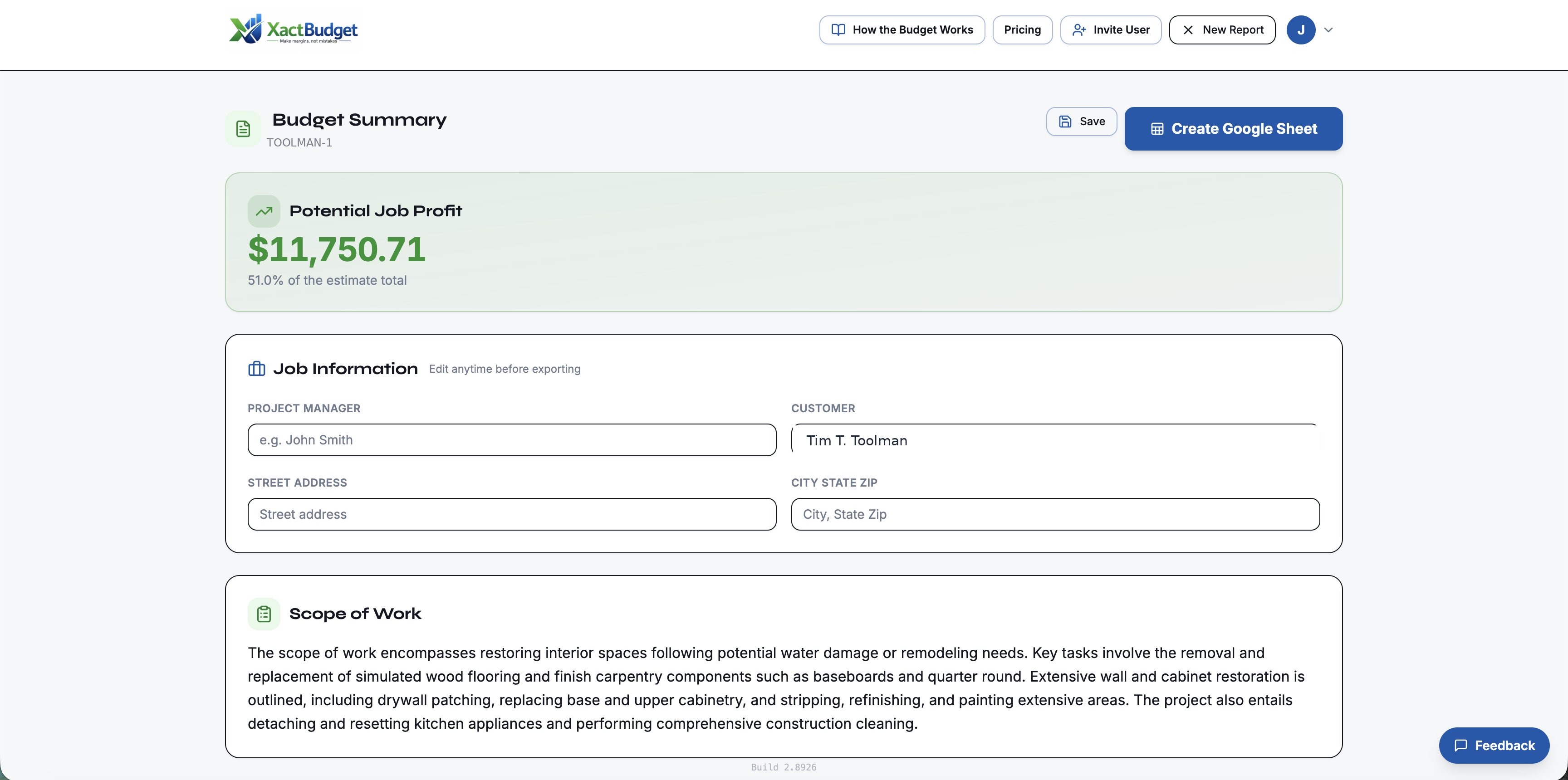 XactBudget results screen showing a Potential Job Profit of $11,750.71 (51% of the estimate total) and an AI-written Scope of Work generated from an Xactimate PDF