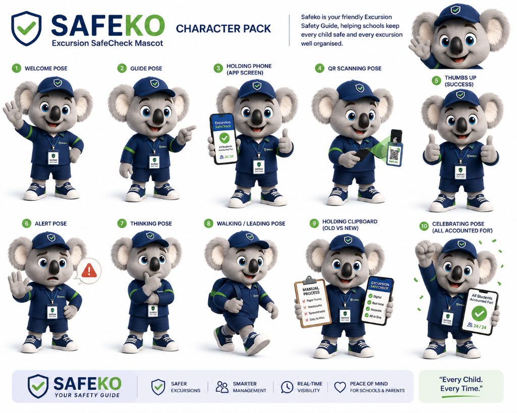 Excursion SafeCheck mascot Safeko representing digital excursion compliance record keeping