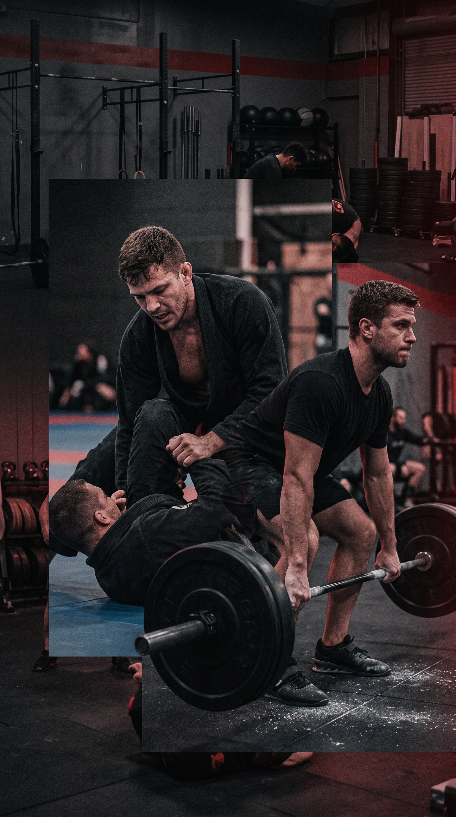 BJJ grappling and weightlifting in a dark gym — a collage blending Brazilian Jiu-Jitsu and strength training