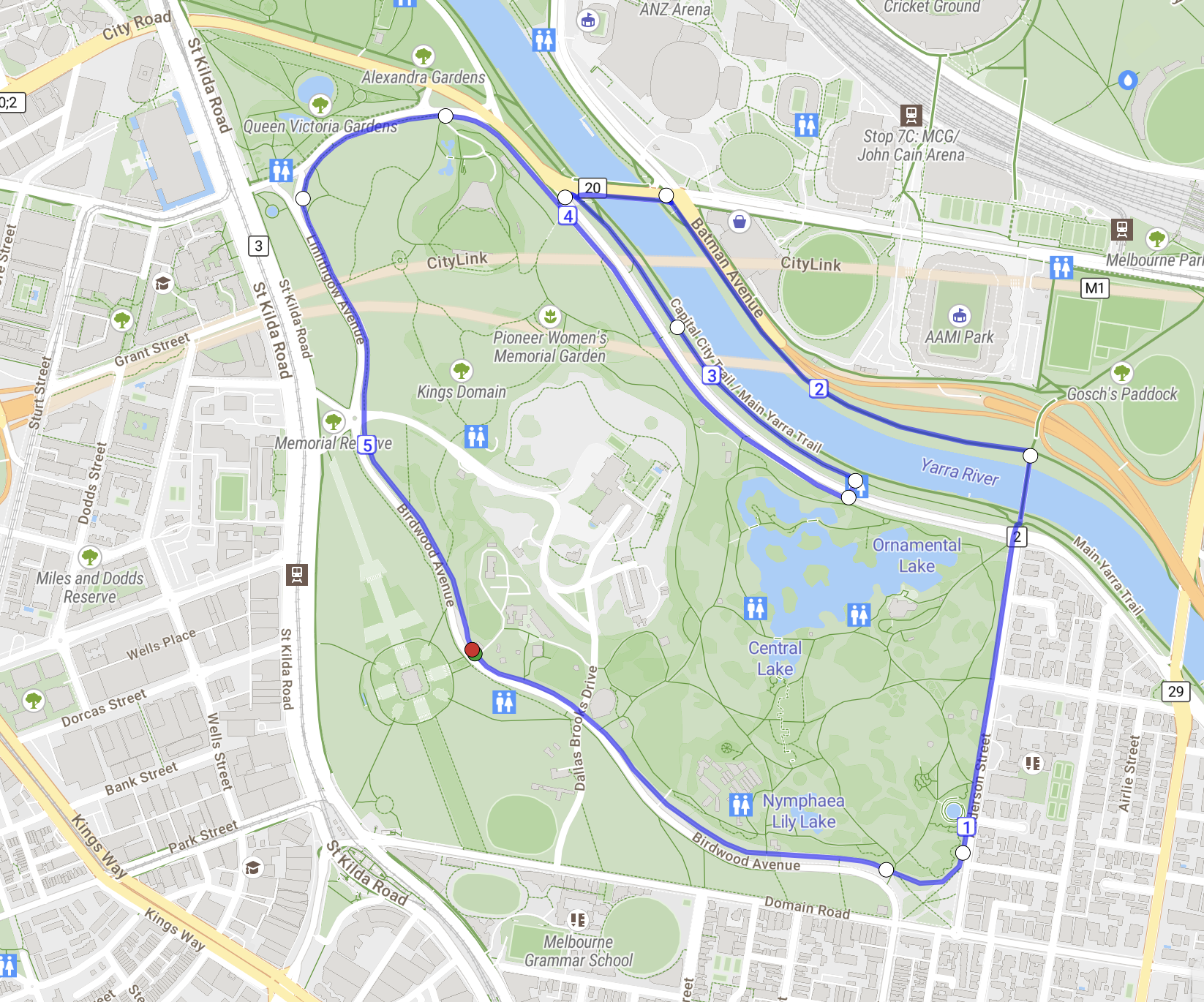 5KM Around the Tan route map - Shrine of Remembrance, Melbourne