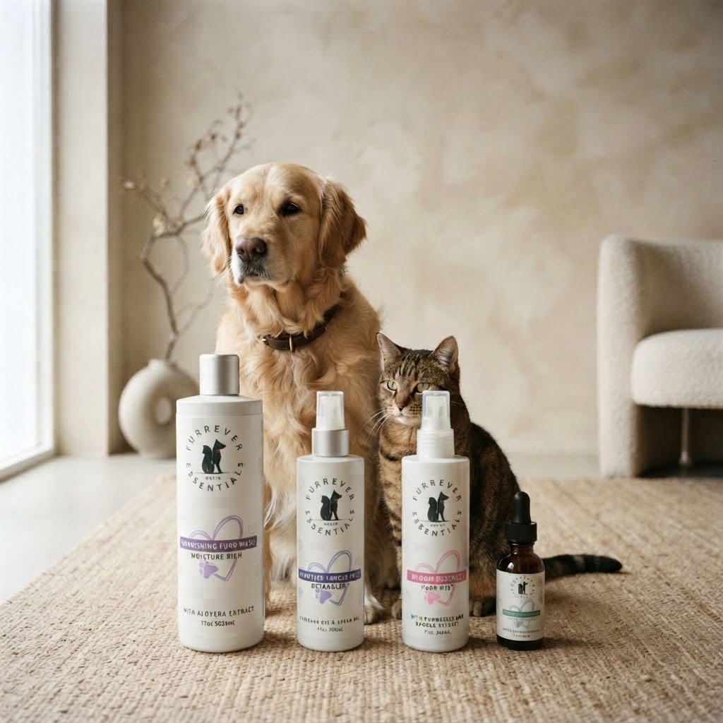 Golden Retriever and tabby cat with Furrever Essentials products