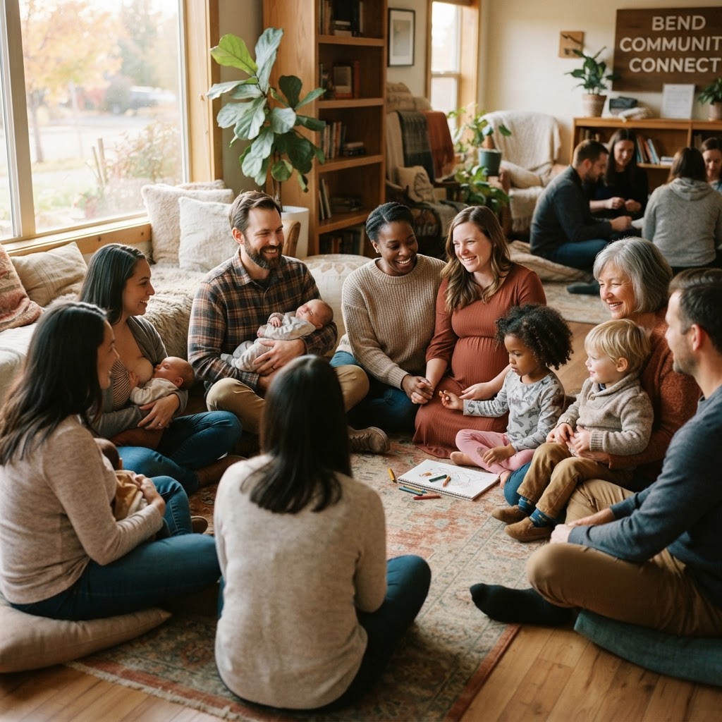 Perinatal support community in Central Oregon — diverse families and caregivers of all genders supporting each other through fertility, pregnancy, postpartum, and early childhood