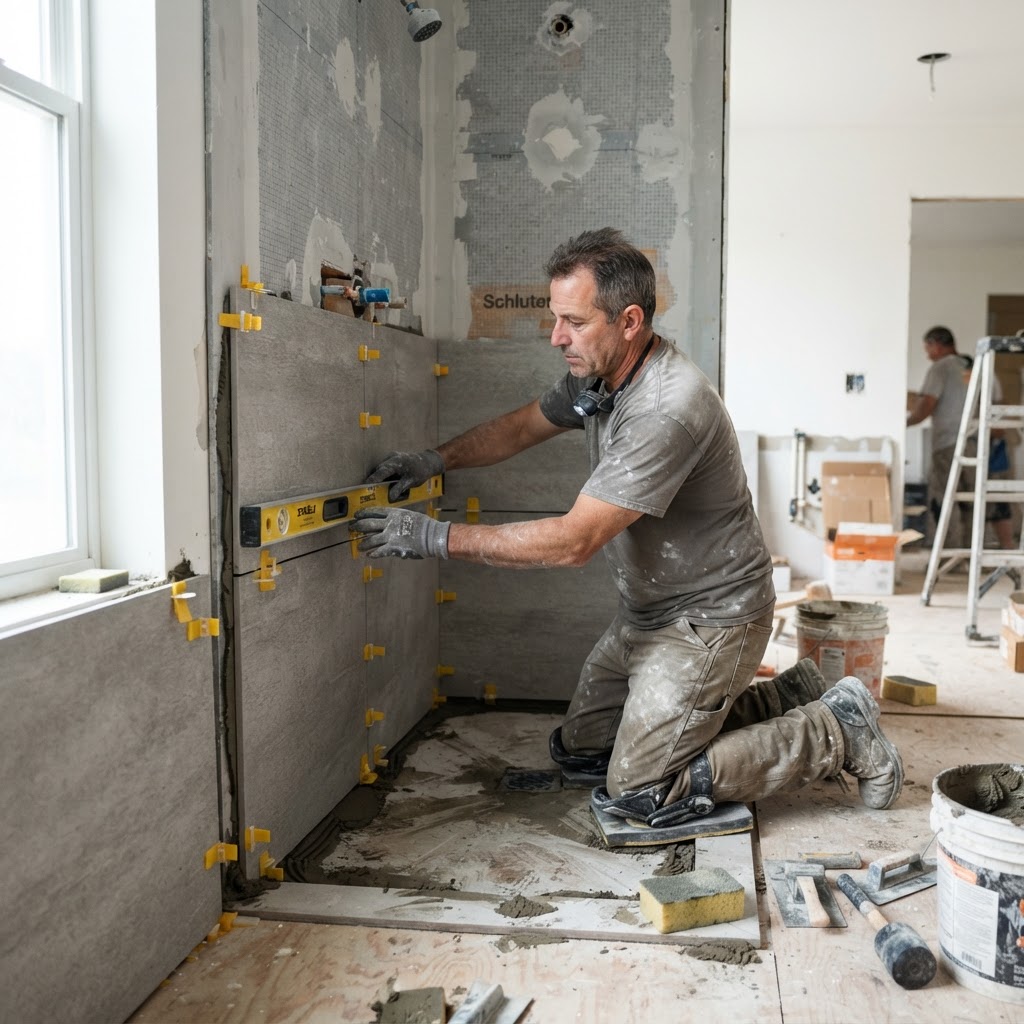 Famelux Builders crew tiling a bathroom shower