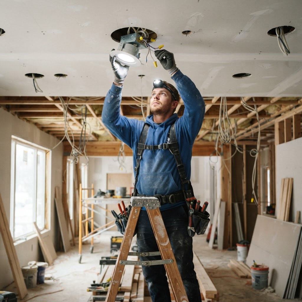 Famelux Builders crew installing recessed lighting