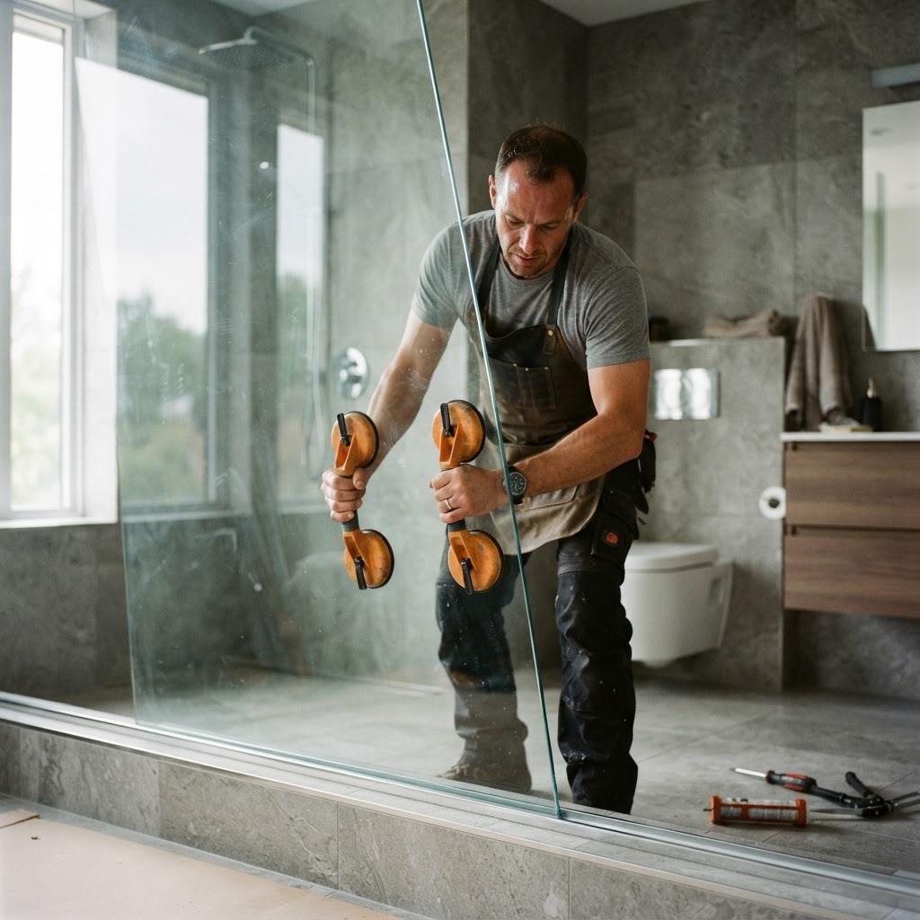 Famelux Builders crew installing glass shower enclosure