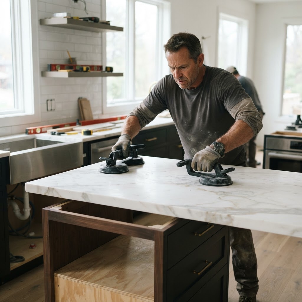 Famelux Builders crew installing stone countertop
