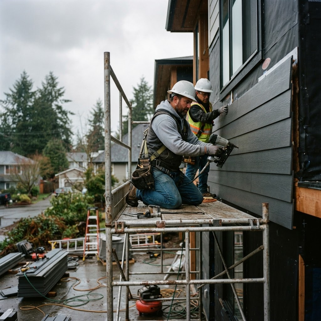Famelux Builders crew installing exterior siding
