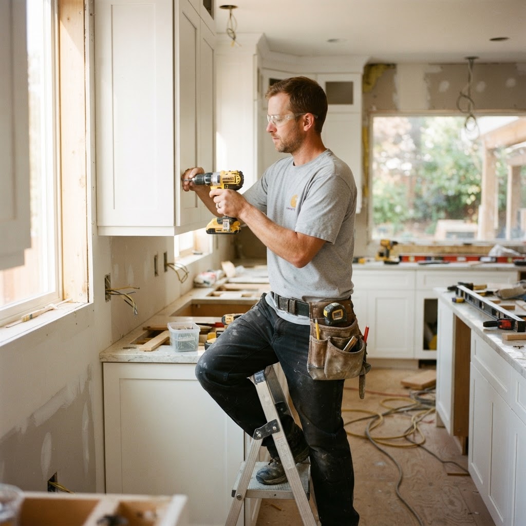 Famelux Builders crew installing kitchen cabinetry
