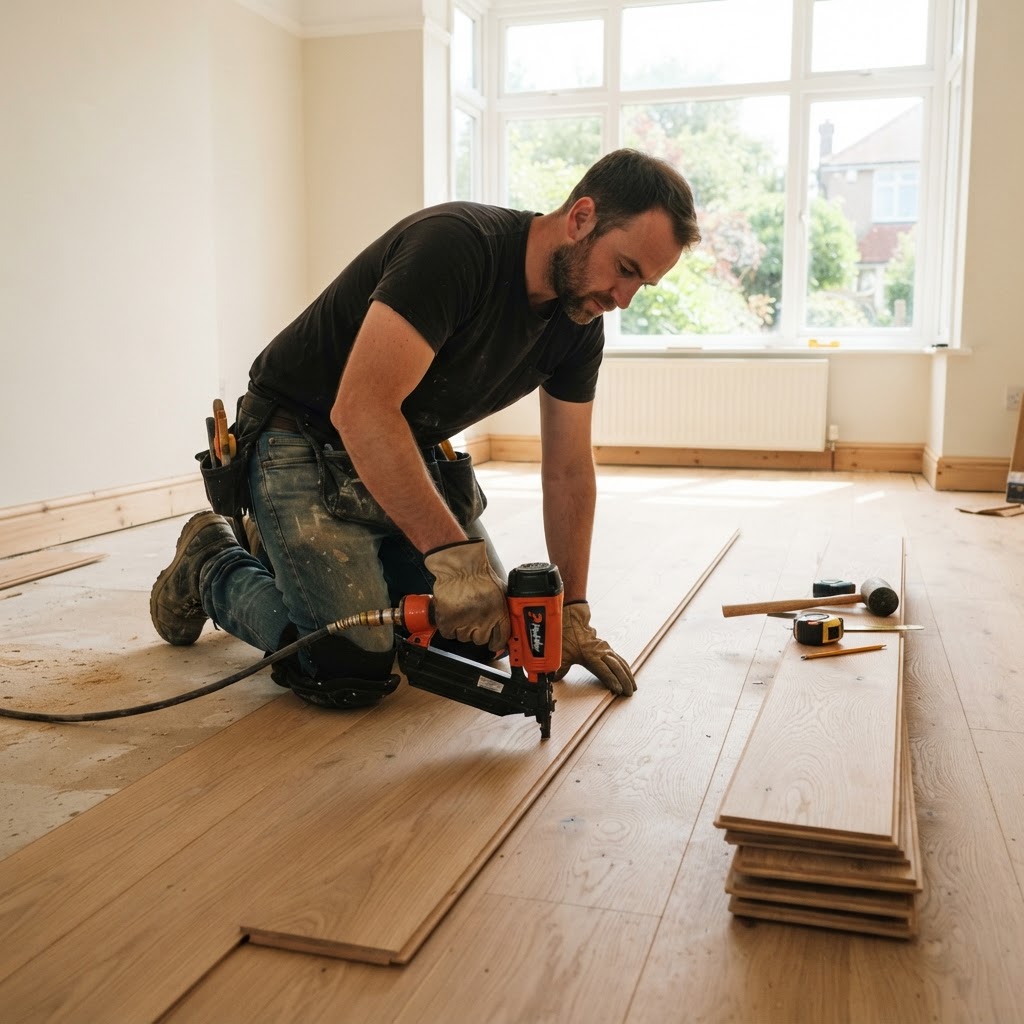 Famelux Builders crew installing hardwood flooring