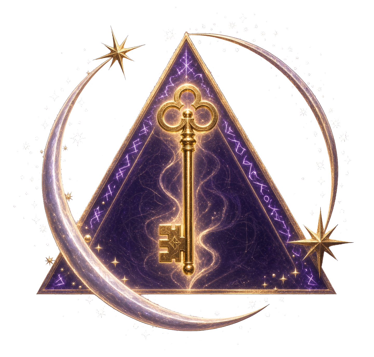Ornate key within triangle and crescent moon