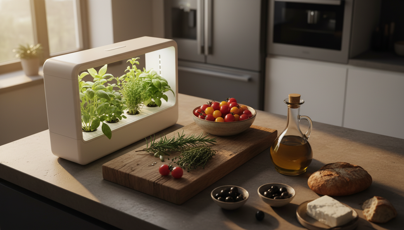 Modern kitchen with fresh herbs and hydroponic garden