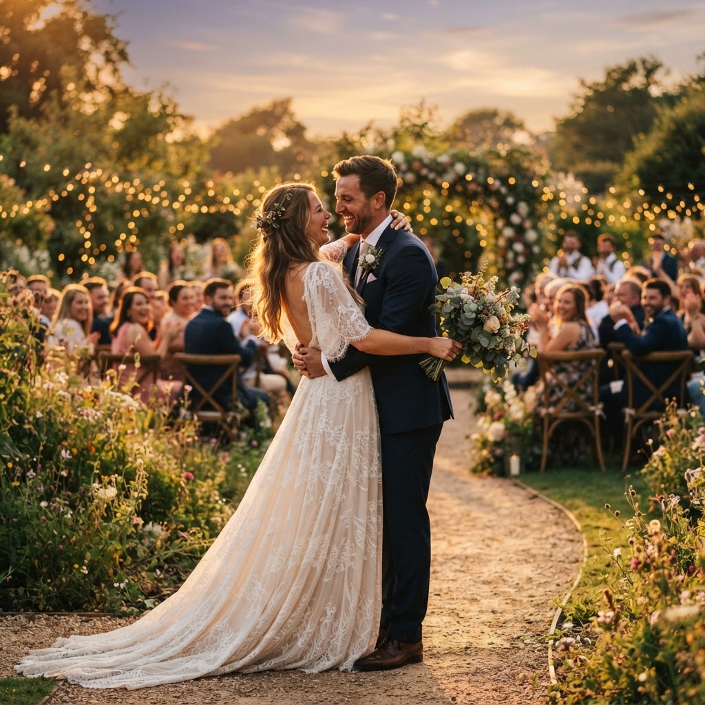 Wedding couple embracing at golden hour