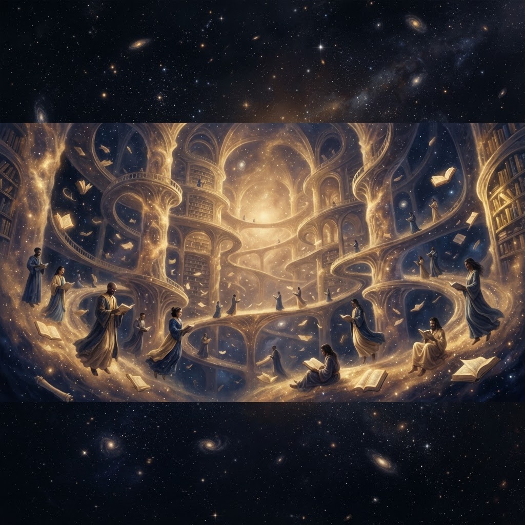 The Akashic library of pure starlight floating in the deep cosmic void