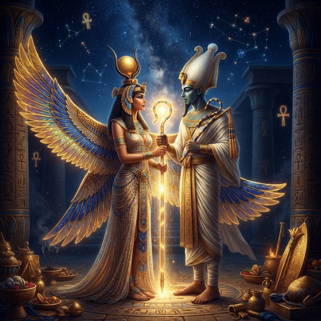 Goddess Isis and God Osiris in loving embrace, their hands joined upon the radiant Was-sceptre of the Ancients of Days