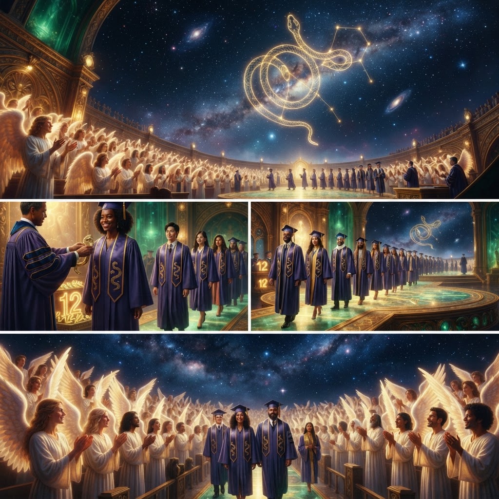 Ophiuchian Graduation of Planet Earth — a cosmic ceremony of diverse graduates welcomed by angels