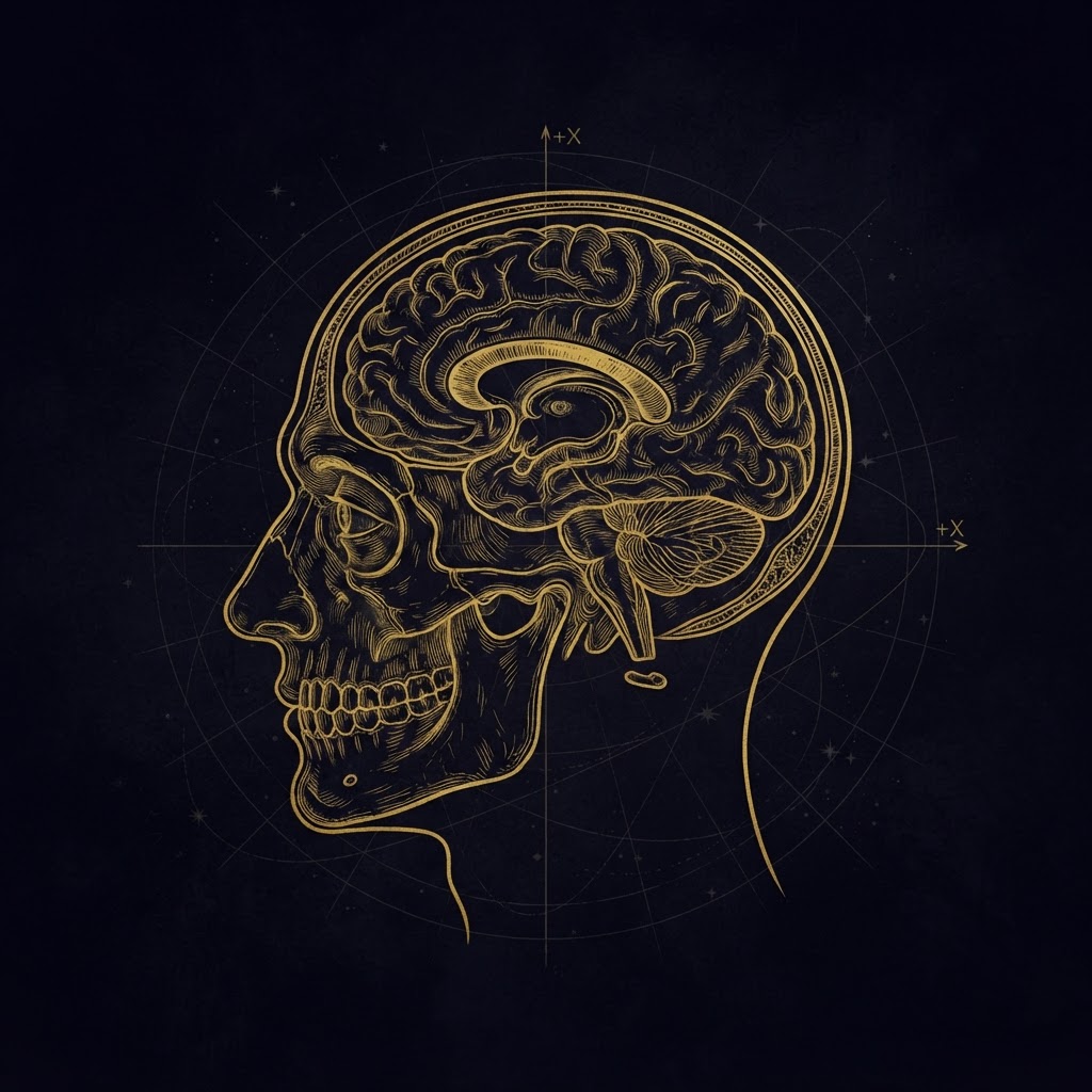 Anatomical cutaway of a human head in profile showing the brain inside the skull, drawn in golden Renaissance linework on a dark cosmic background.