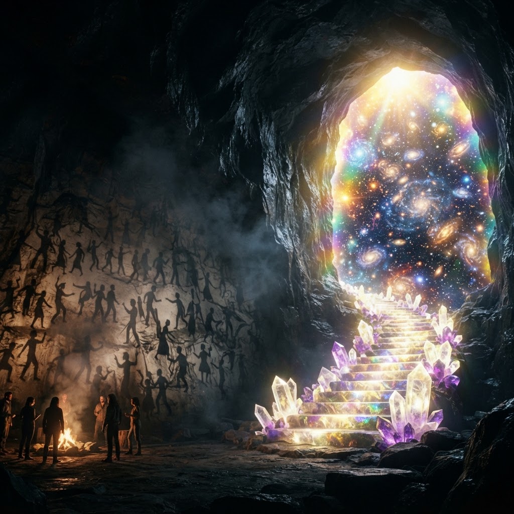 The cave of shadows beside the light cave staircase into the stars