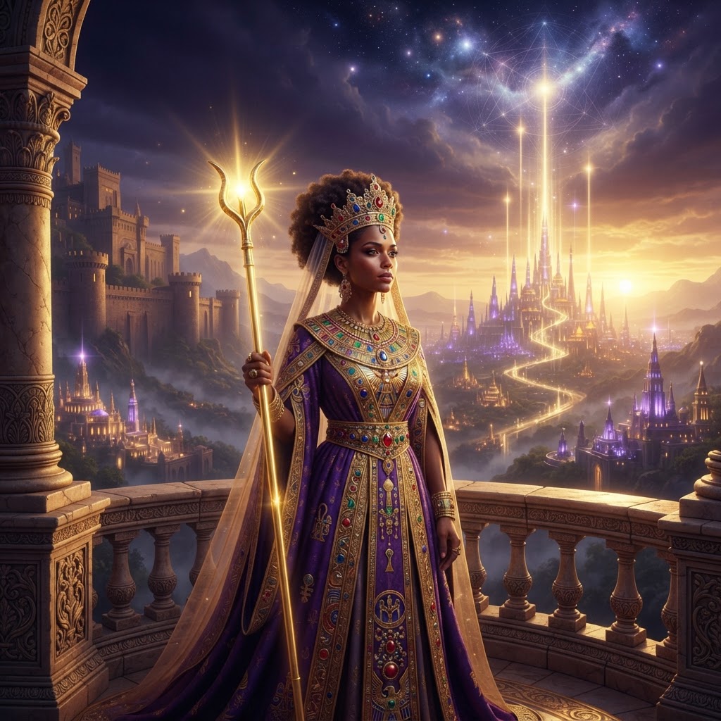 The Bride-Queen on the balcony of the Ancient of Dayz Castle, holding the Egyptian WAS staff, watching the MIND-LIGHT cities rejoice and rise