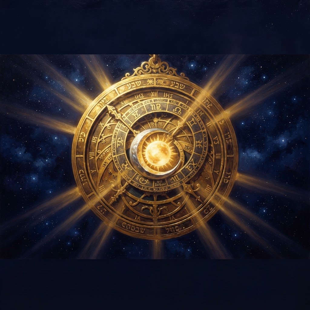 The Supreme Cosmic Couple — a half-moon cradled inside a great golden sun-clock astrolabe, the marriage of Solomon the Sun and Sheba the Moon.
