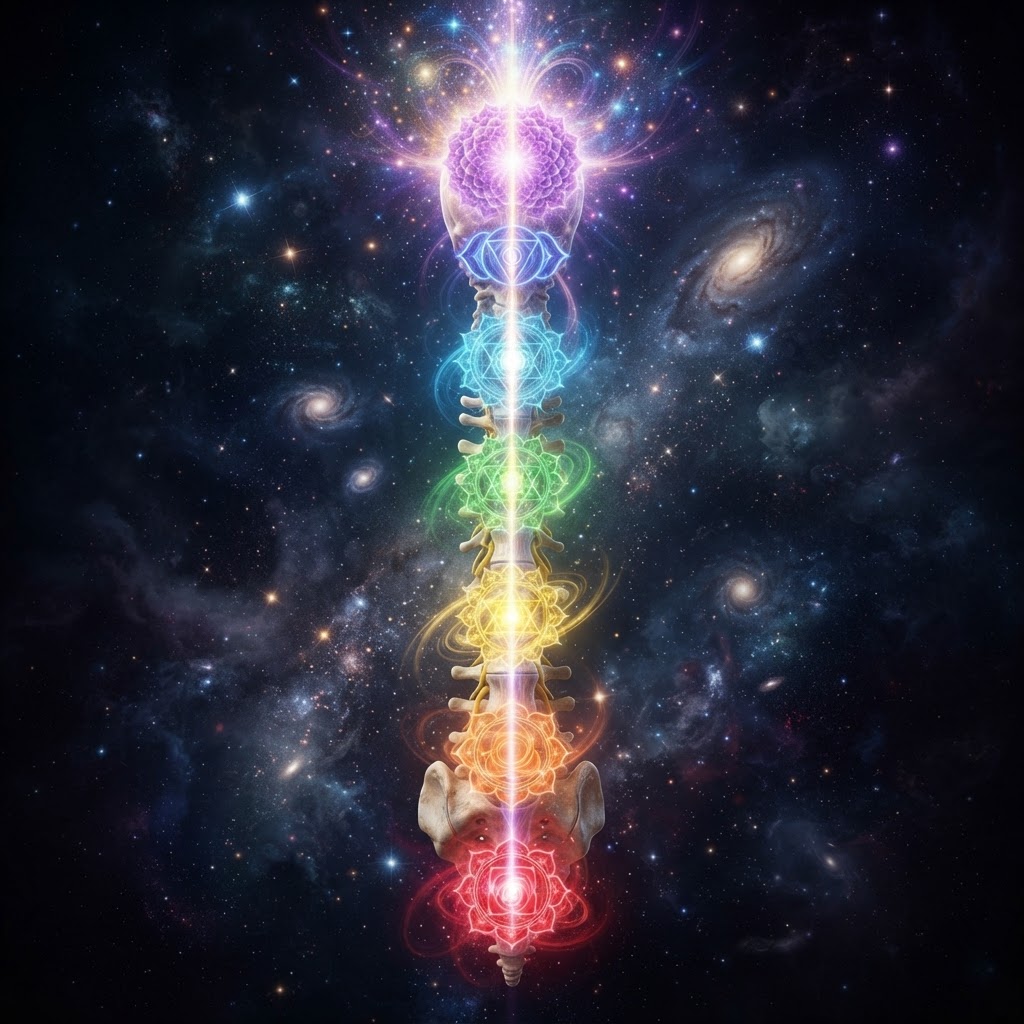 The human spine with seven chakra wheels opening as light ascends