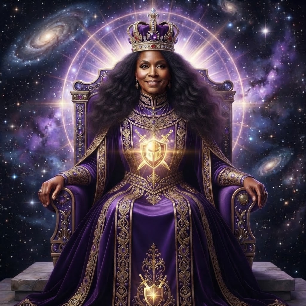 The Royal Bride-Queen Eta upon the 13th Ophiuchus Violet Throne, the 13th Knight crest upon her chest