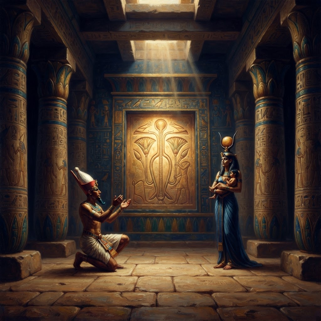 The Sema-Tawy of Khem — the ancient Egyptian hieroglyph of dual-marriage binding the papyrus of the North to the lotus of the South, with Pharaoh wearing the dual crown and Hathor cradling the child Horus.