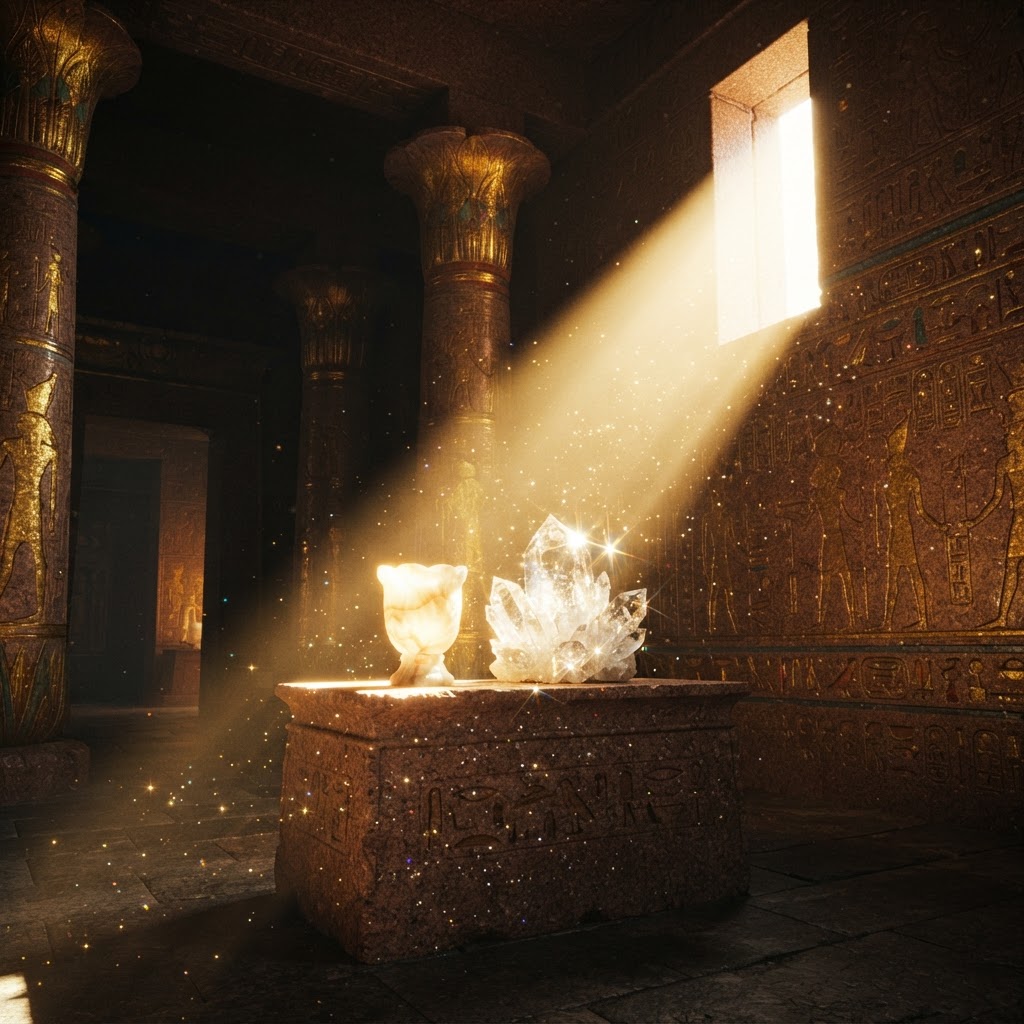 A crystal lamp in an ancient Egyptian temple chamber, lit by a shaft of sunlight