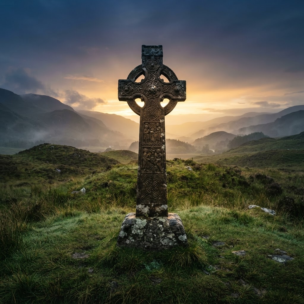An ancient Celtic high cross standing on a misted highland