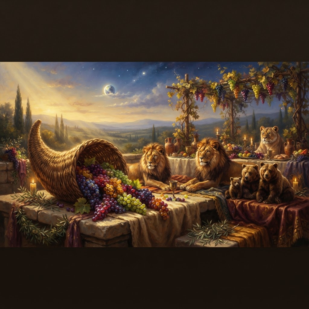 A grand pastoral Sacred Marriage blessing — overflowing cornucopia of bloomed grapes of many colors with Great Lions, Royal Lionesses and the three Bears at the banquet table blessing the Sacred Marriage Union of Planet Earth.