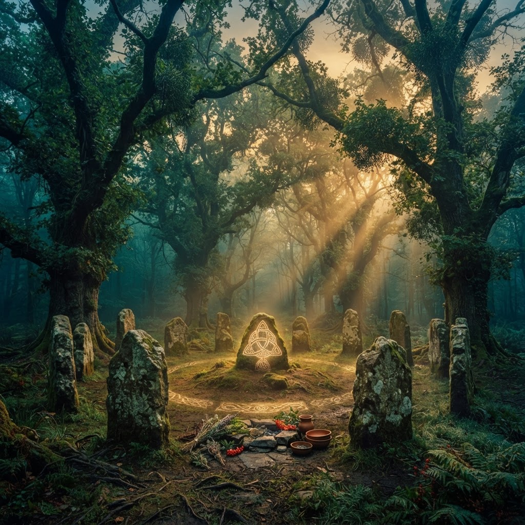 An ancient Celtic sacred grove at golden dawn