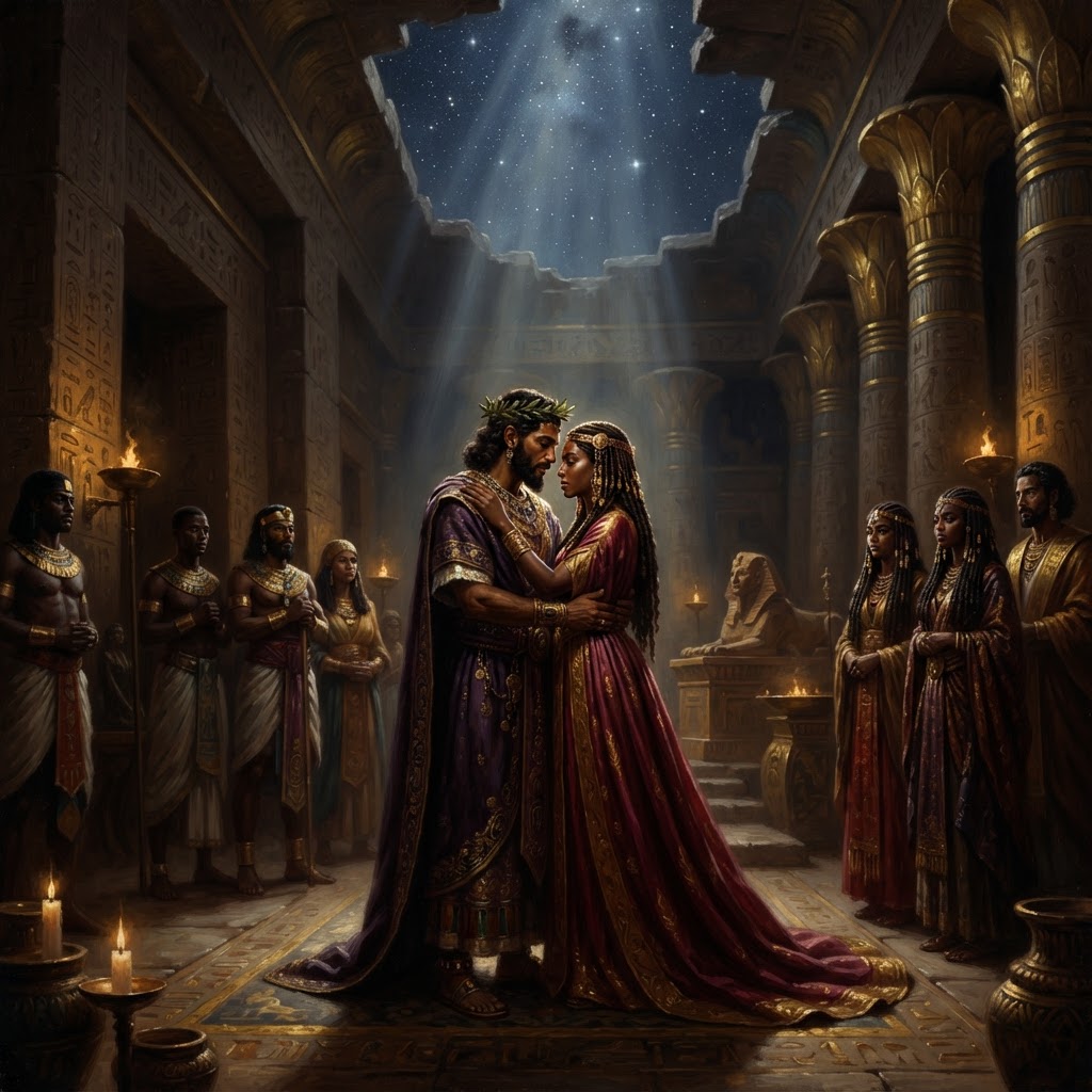 A beautifully tanned King Solomon embracing the Queen of Sheba in their long-awaited Sacred Marriage Reunion after Countless Moons of waiting — ARISEN.
