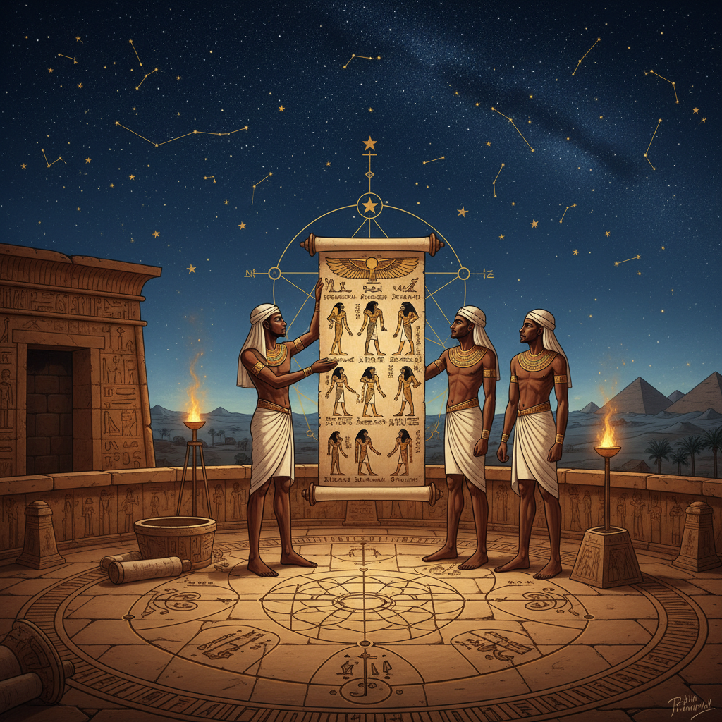Ancient Egyptian decan star calendar on papyrus
