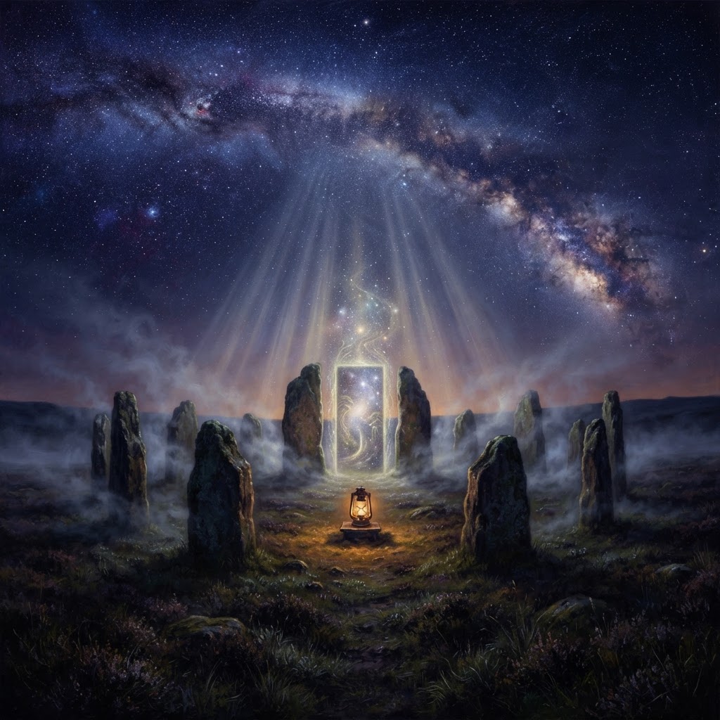 The veil thinned at the standing stones — one lantern burning in the dark.