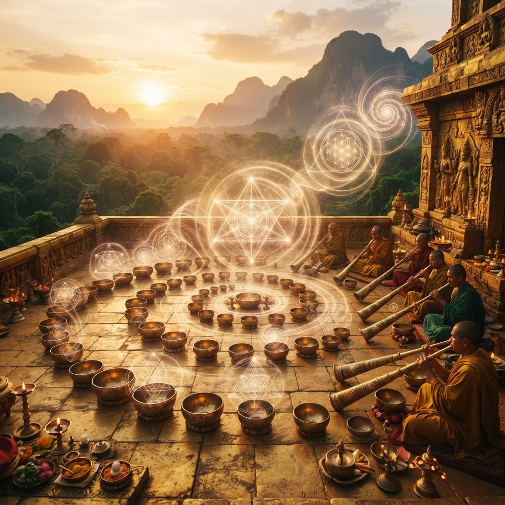 Golden singing bowls and solar trumpets on a temple terrace at sunset