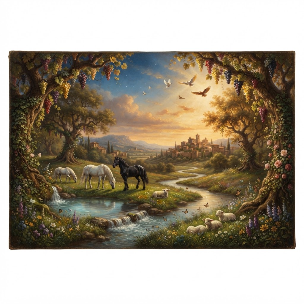 A grand pastoral scene blessing the Sacred Marriage Union of Planet Earth — a crystal pond overflowing with waters, white and black horses grazing, doves and eagles overhead, gentle lambs, butterflies, and blooming grape vines.