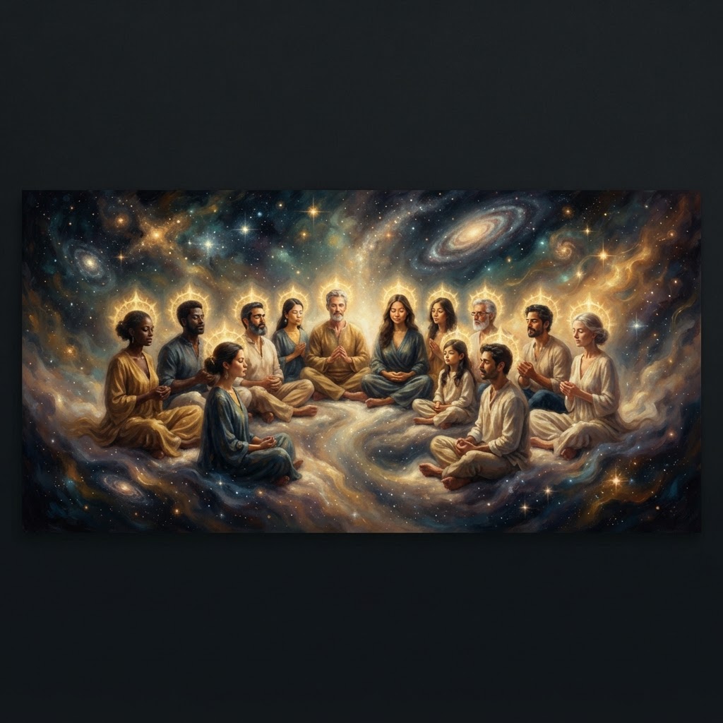 Diverse cosmic family of seekers ascending into the akashic field of starlight