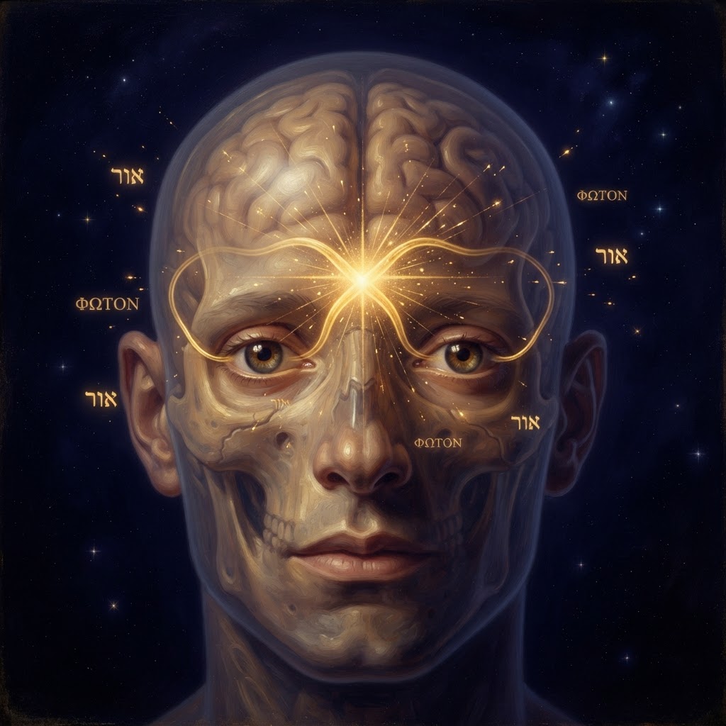 A painterly Renaissance anatomical illustration of the optic chiasm — two naturalistic human eyes sending luminous golden optic nerves inward, crossing in an X at the center of a translucent skull, where the word PHOTON emerges as decoded light.