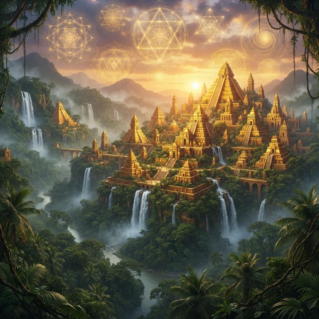 The golden city of El Dorado rising from the jungle at sunset