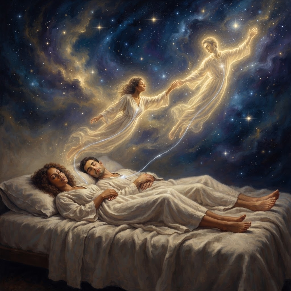A male and female couple both astral-projecting from their sleeping physical bodies, joined by silver cords