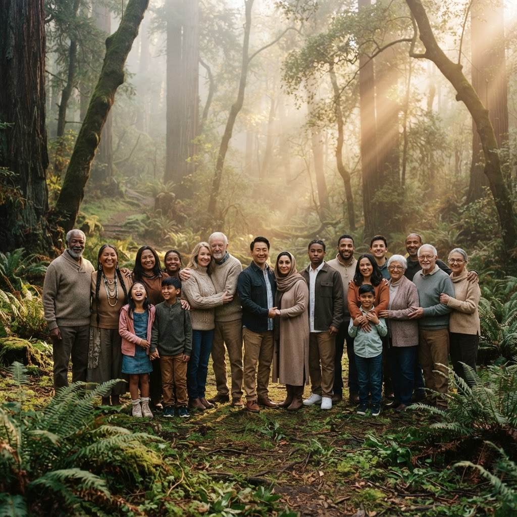 A diverse gathering of human beings of many races standing united in a sunlit forest