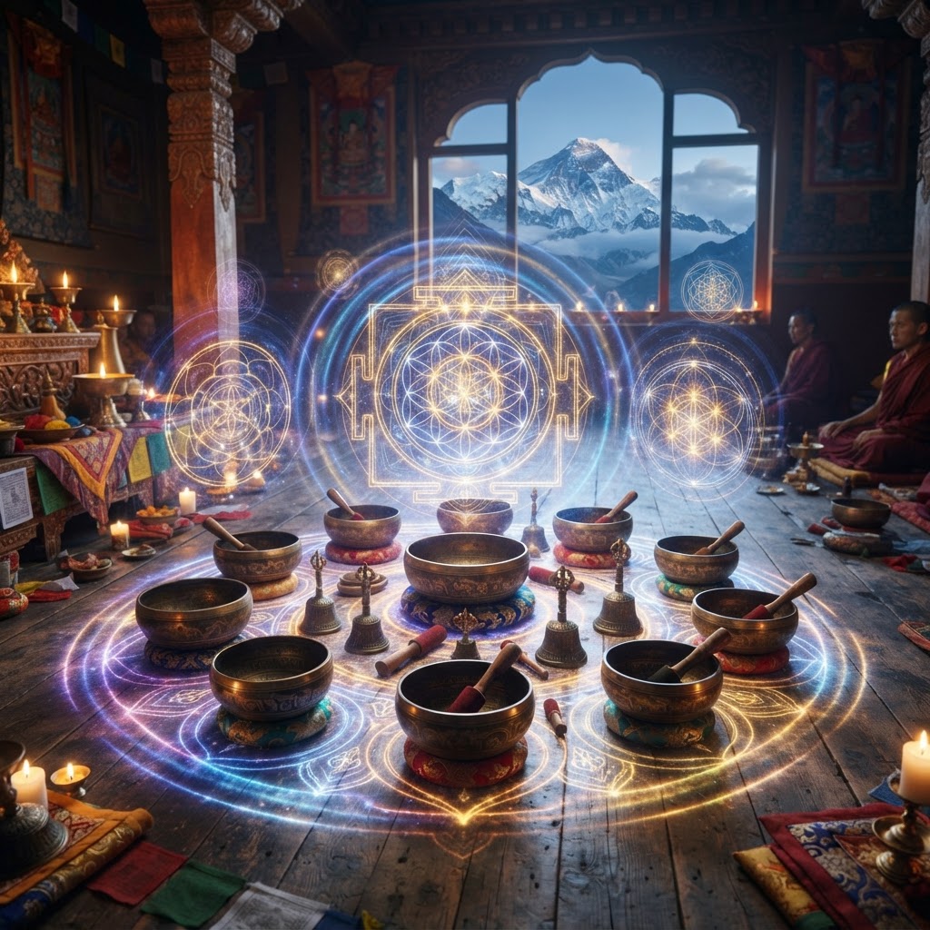 Tibetan singing bowls in a mandala pattern on a Himalayan temple floor