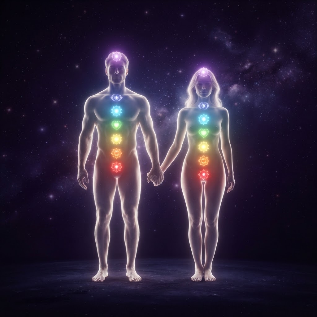 Adam and Eve holding hands in peace, revealing their seven chakras