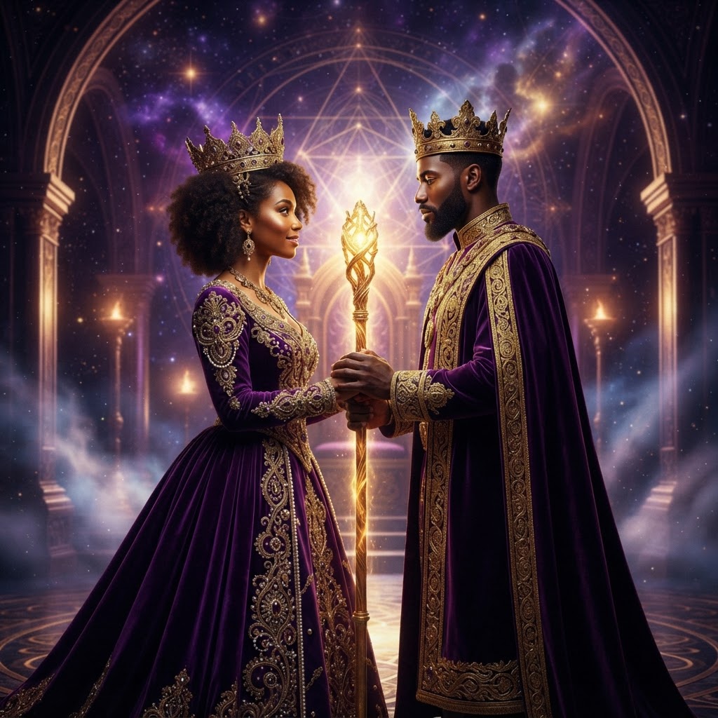 The Royal Couple — the King and the Bride-Queen grasping the Ancient of Days staff, the androgynous Godhead made whole