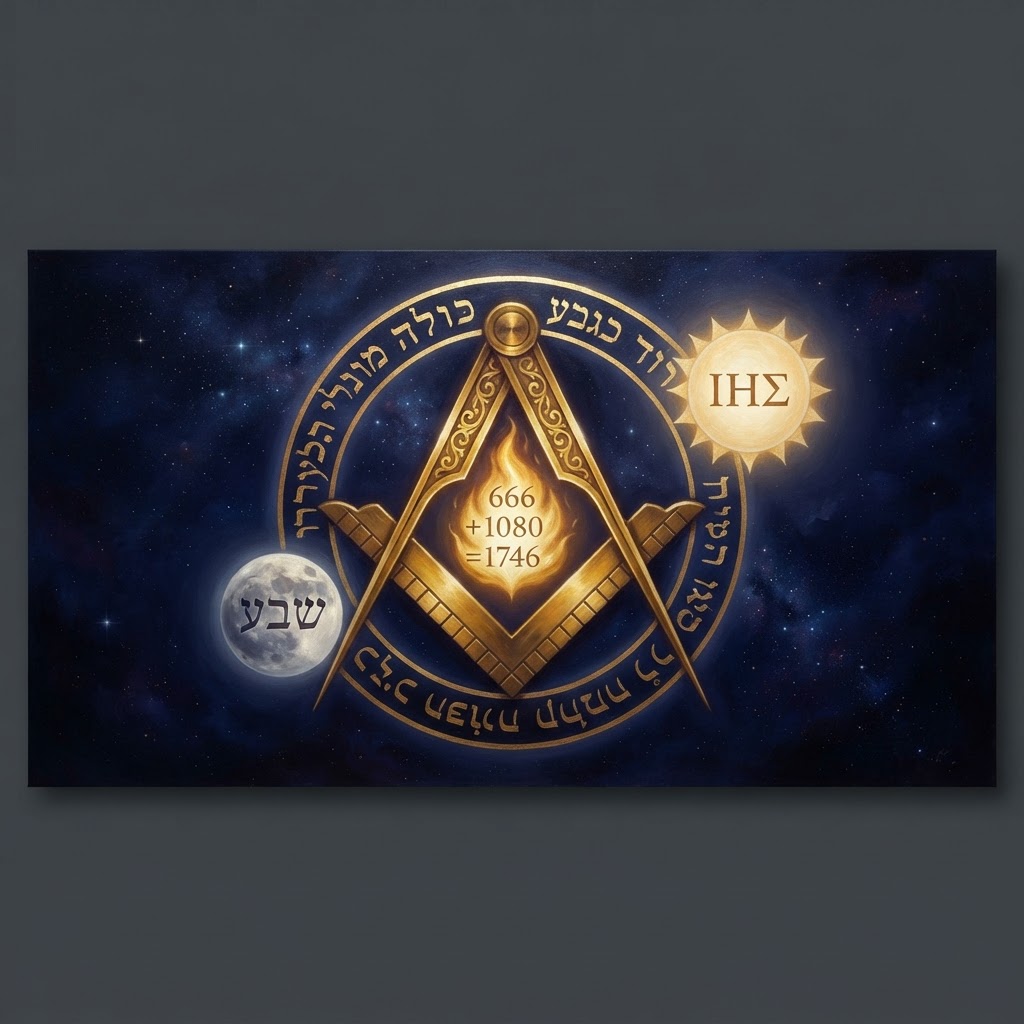 The Marriage of Sun and Moon — a golden Compass-and-Square emblem bordered by Greek and Hebrew gematria letters, where the solar disc (888 / 666) and the lunar disc (1080) converge into one golden Light at the center.