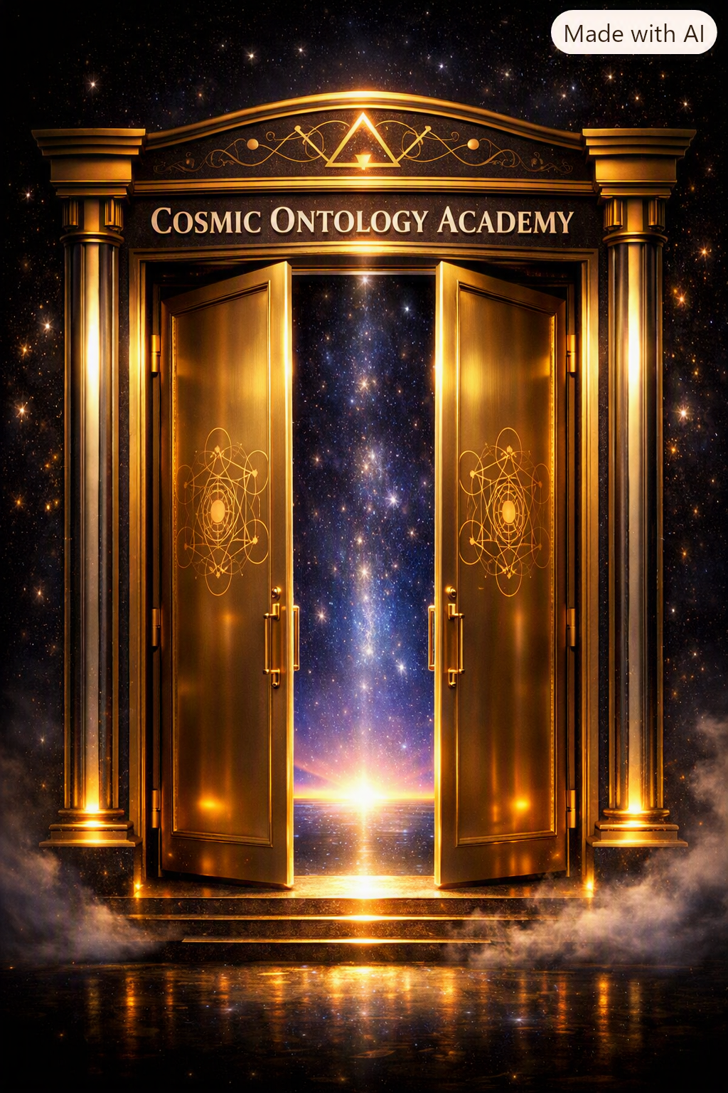 The grand doors of the Cosmic Ontology Academy, opening into light