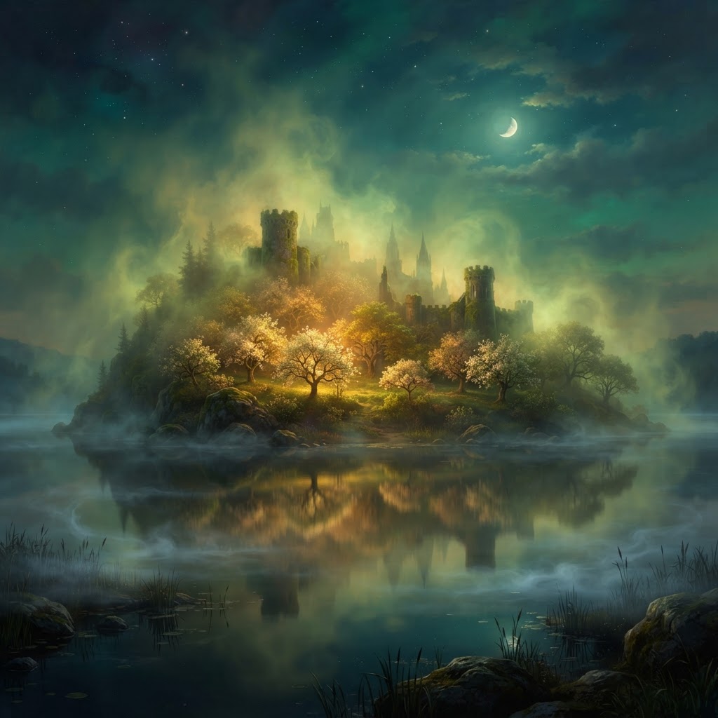 The Isle of Avalon shrouded in golden mist across still water