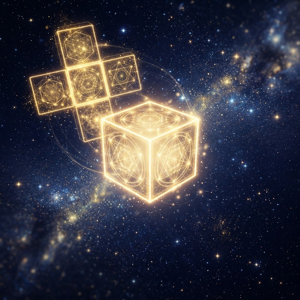 The same six squares folded into a luminous cube